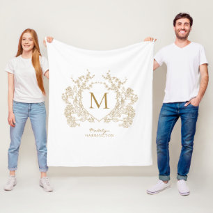Vintage White and Gold Floral Crest Monogram Fleece Blanket