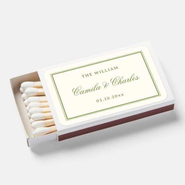 Vintage White and Green Wedding Matchboxes (Front Open)