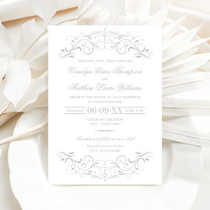 Vintage White and Silver Gray Flourish Wedding Invitation