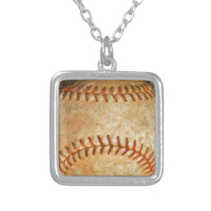 Vintage White Baseball red stitching Silver Plated Necklace
