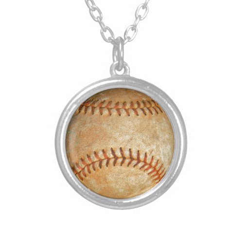 Vintage White Baseball red stitching Silver Plated Necklace