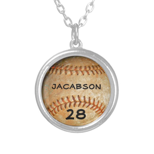 Vintage White Baseball red stitching Silver Plated Necklace (Front)