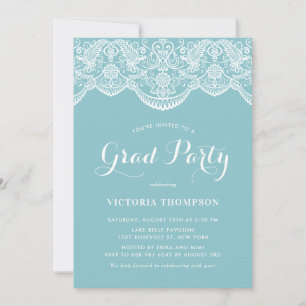 Vintage White Brocade Lace Blue Graduation Invitation