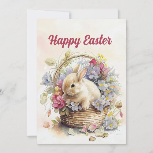 Vintage White Bunny Basket Flowers Happy Easter Holiday Card