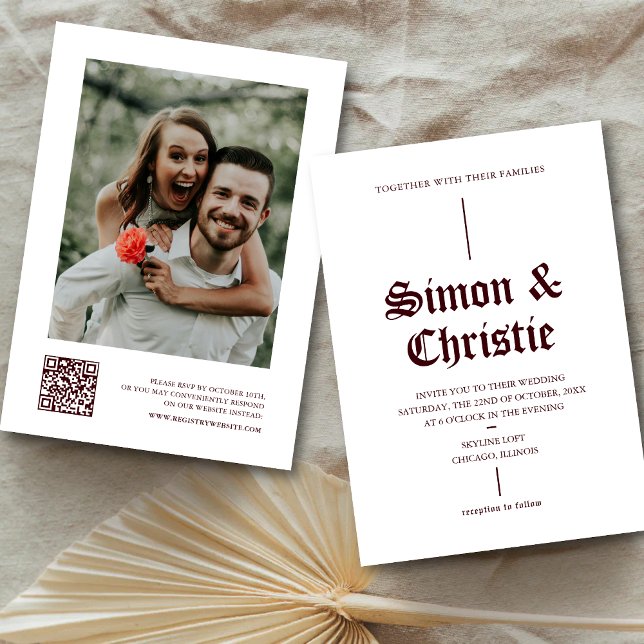 Vintage White Burgundy Photo QR Code Wedding Invitation (Creator Uploaded)