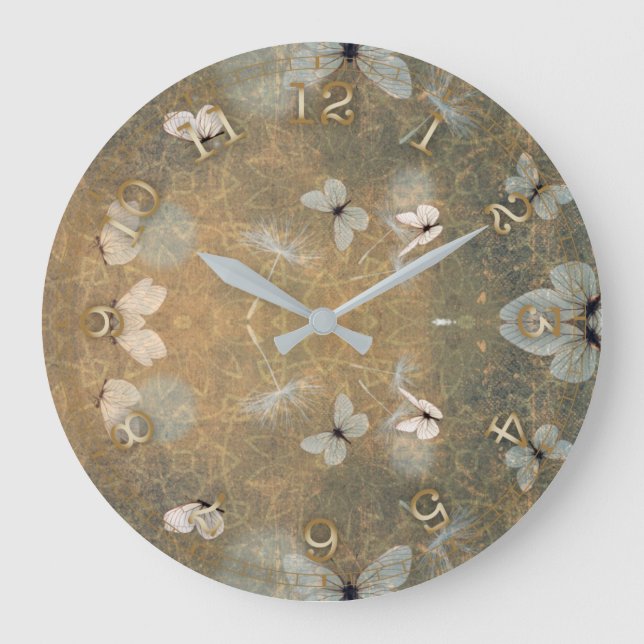 Vintage White Butterflies And Flying Dandelions Large Clock (Front)