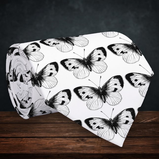 Vintage White Cabbage Butterfly Illustration Neck Tie (Creator Uploaded)
