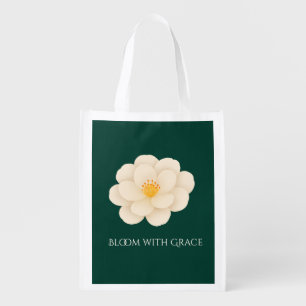 Vintage White Camellia Forest Green Elegant Grocery Bag