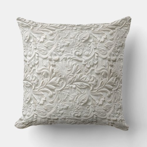 Vintage white carved leather outdoor outdoor pillow