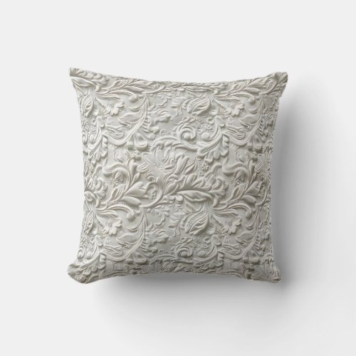 Vintage white carved leather  throw pillow