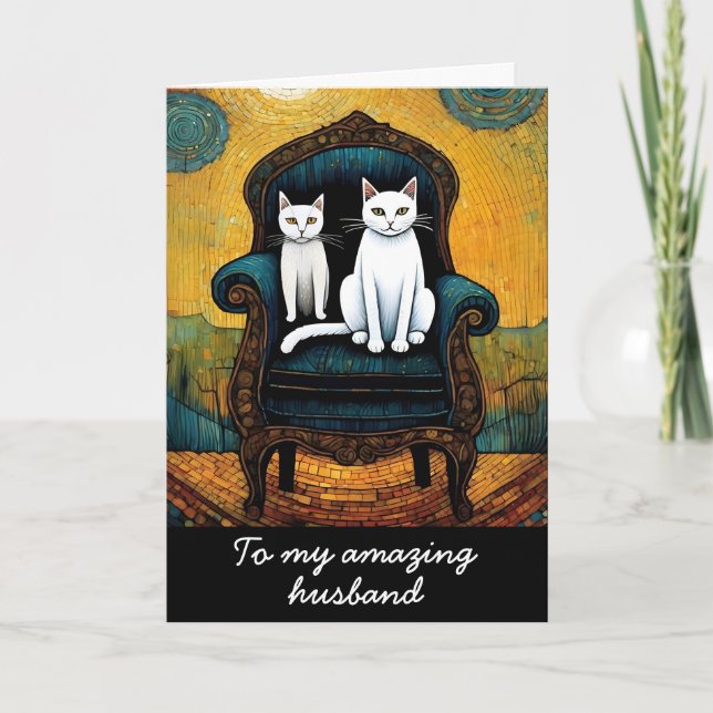Vintage White Cat  Couple Husband Wife Anniversary Card (Front)