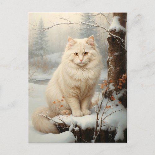 Vintage White Cat in Snow _ Persian Oil Painting Postcard