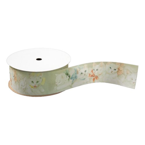 Vintage White Cat Watercolor Banner Grosgrain Ribbon