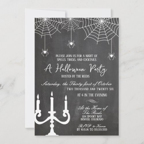 Vintage White Chalkboard Spiders Halloween Party Invitation