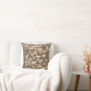 Vintage white cherry blossoms stone wall drawing throw pillow