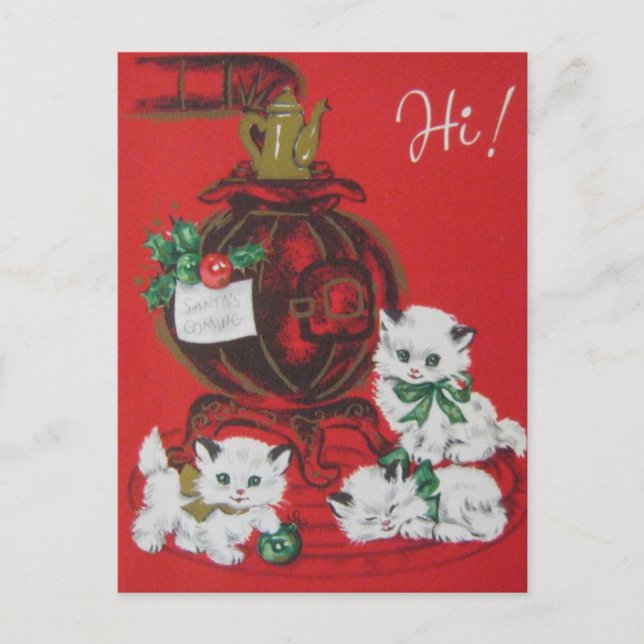 Vintage White Christmas Kittens Holiday Postcard (Front)