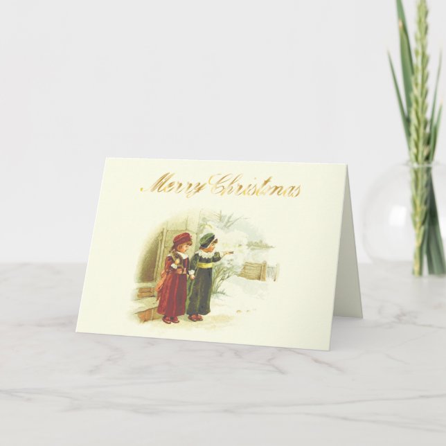 Vintage white christmas scene with two sisters card (Front)