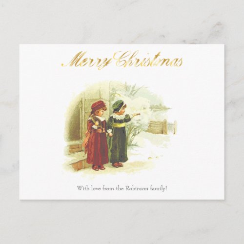 Vintage white christmas scene with two sisters postcard