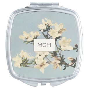Vintage White Cream Azalea Flowers Monogram Compact Mirror