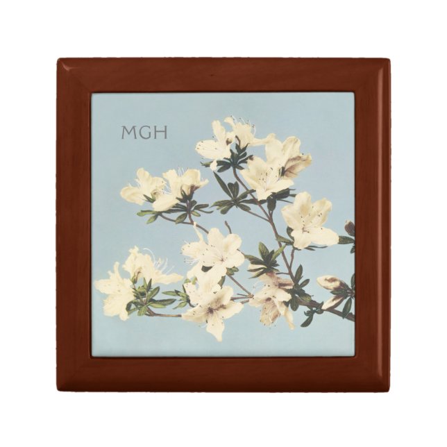 Vintage White Cream Azalea Flowers Monogram Gift Box (Front)