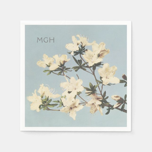 Vintage White Cream Azalea Flowers Monogram Napkin (Front)