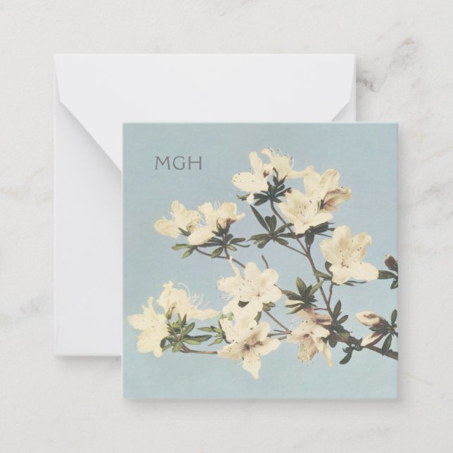 Vintage White Cream Azalea Flowers Monogram Note Card (Front)