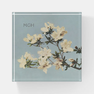 Vintage White Cream Azalea Flowers Monogram Paperweight