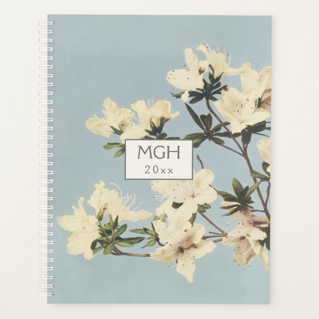 Vintage White Cream Azalea Flowers Monogram Planner (Front)