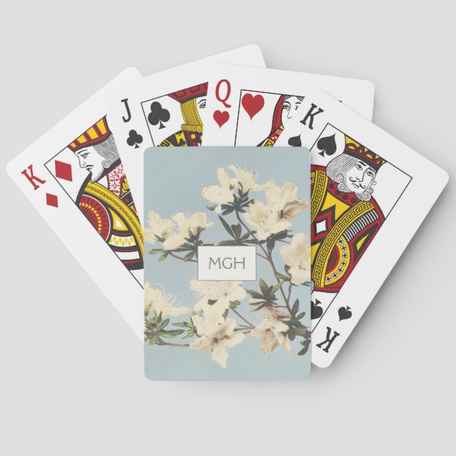 Vintage White Cream Azalea Flowers Monogram Poker Cards (Back)
