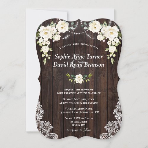 Vintage White Cream Flowers Wood Lace Wedding Invitation