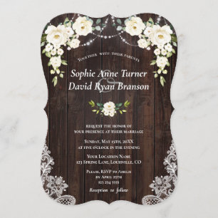 Vintage White Cream Flowers Wood Lace Wedding Invitation
