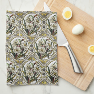 Vintage White Daffodil Tile Pattern Kitchen Towels