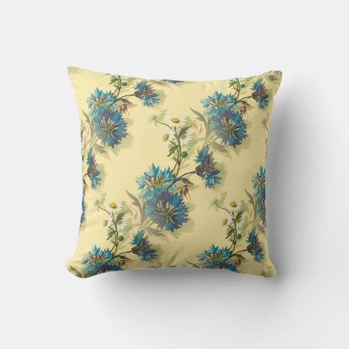 Vintage White Daisies and Blue Cornflowers Pattern Throw Pillow