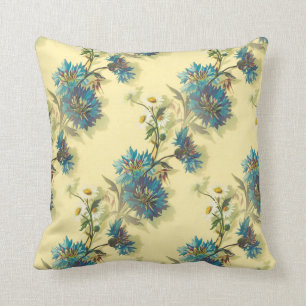 Vintage White Daisies and Blue Cornflowers Pattern Throw Pillow