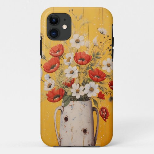 Vintage White Daisy and Red Poppy in Vase Flower iPhone 11 Case