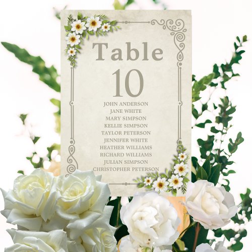 Vintage White Daisy Floral Romantic Rustic Wedding Table Number