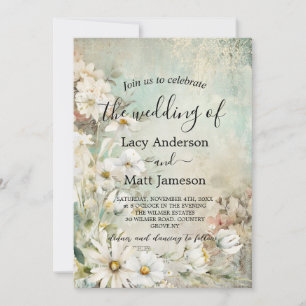 Vintage White Daisy Photo QR Code Wedding Invitation