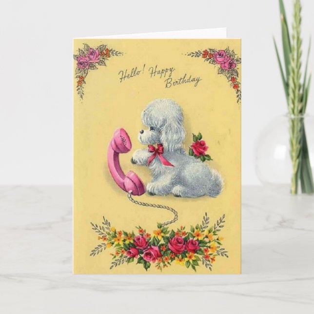 Vintage White Dog On Phone Birthday Card (Front)