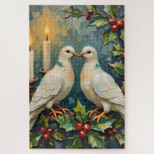 Vintage White Doves and Holly Garland Christmas Jigsaw Puzzle