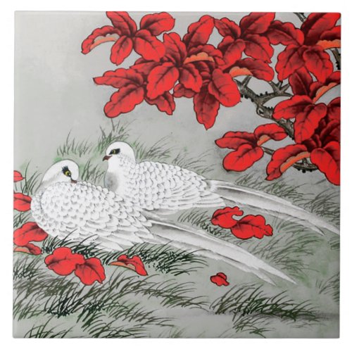 Vintage White Doves and Red Leaves on Gray Ceramic Tile