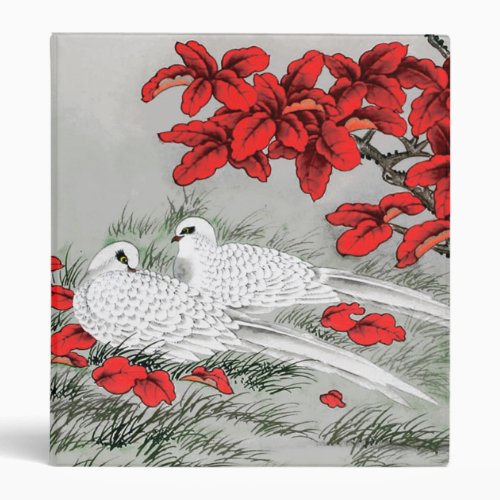 Vintage White Doves and Red Leaves on Gray  Grey Binder