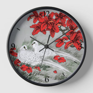 Vintage White Doves and Red Leaves on Gray / Grey Clock