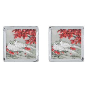 Vintage White Doves and Red Leaves on Gray / Grey Cufflinks