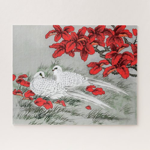 Vintage White Doves and Red Leaves on Gray  Grey  Jigsaw Puzzle