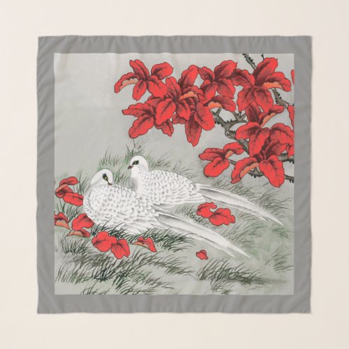 Vintage White Doves and Red Leaves on Gray  Grey Scarf