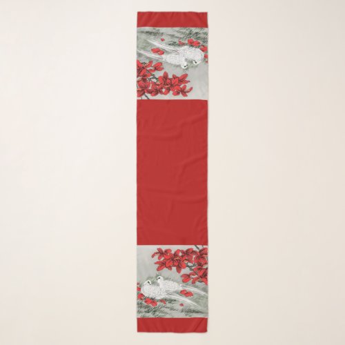 Vintage White Doves and Red Leaves on Gray  Grey Scarf