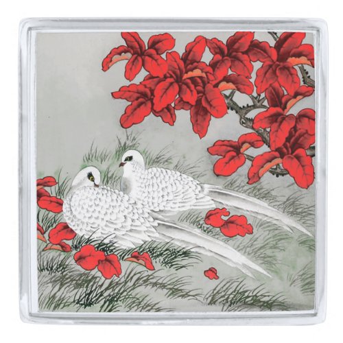 Vintage White Doves and Red Leaves on Gray  Grey Silver Finish Lapel Pin