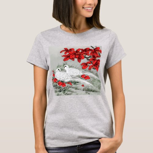 Vintage White Doves and Red Leaves on Gray  Grey T_Shirt