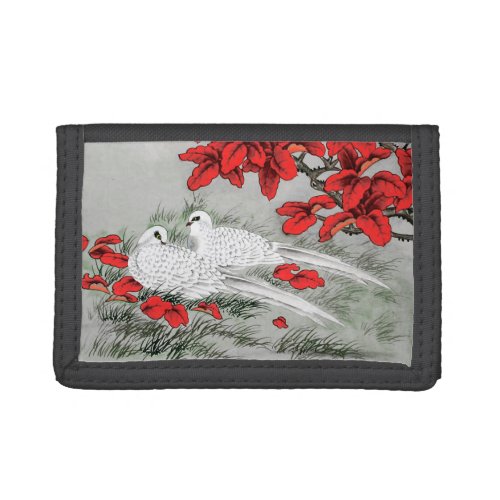 Vintage White Doves and Red Leaves on Gray  Grey Tri_fold Wallet