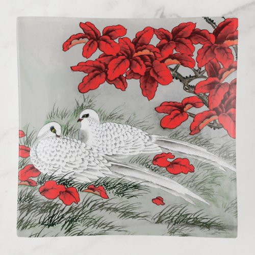 Vintage White Doves and Red Leaves on Gray  Grey Trinket Tray